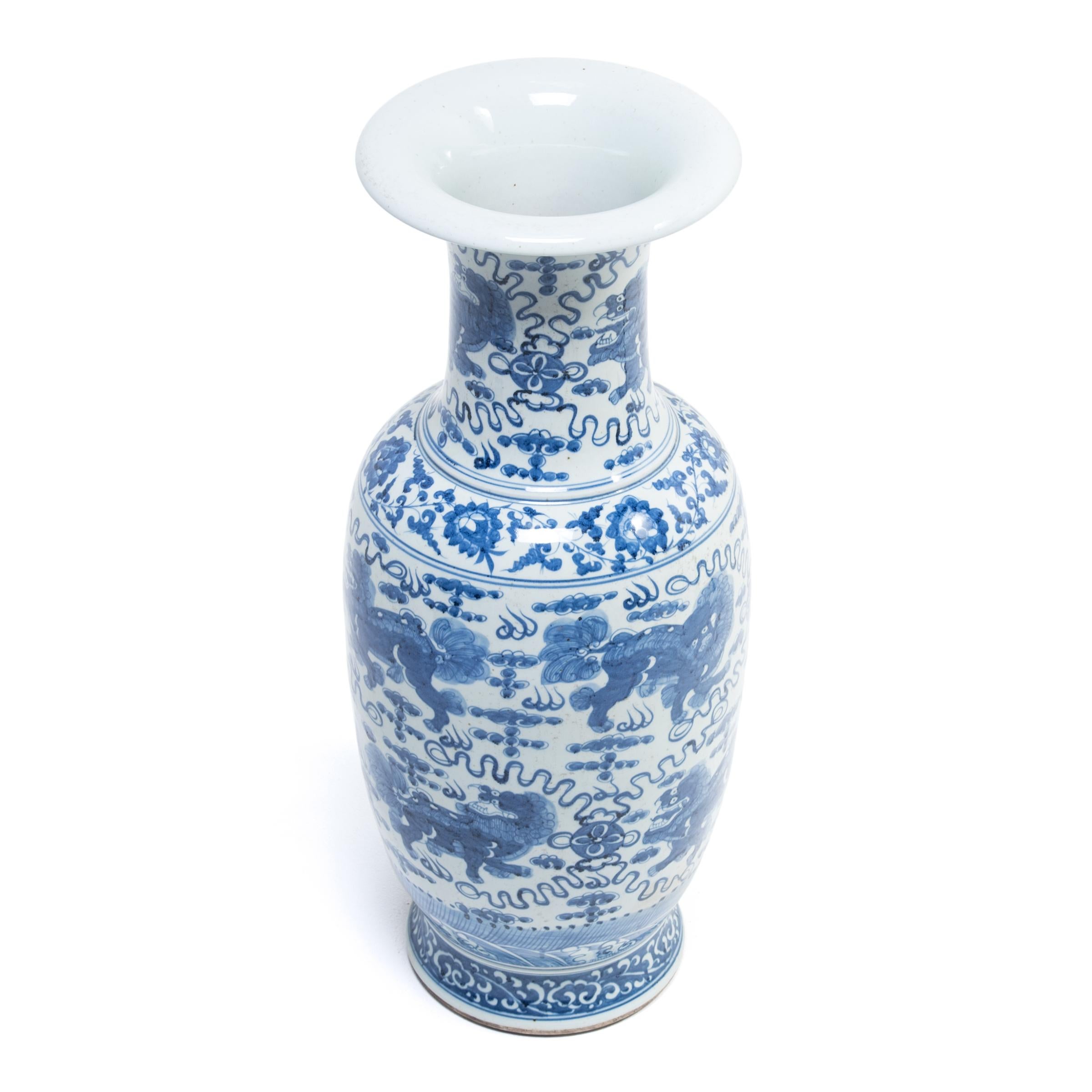 Glazed Tall Chinese Blue and White Qilin Fantail Vase For Sale