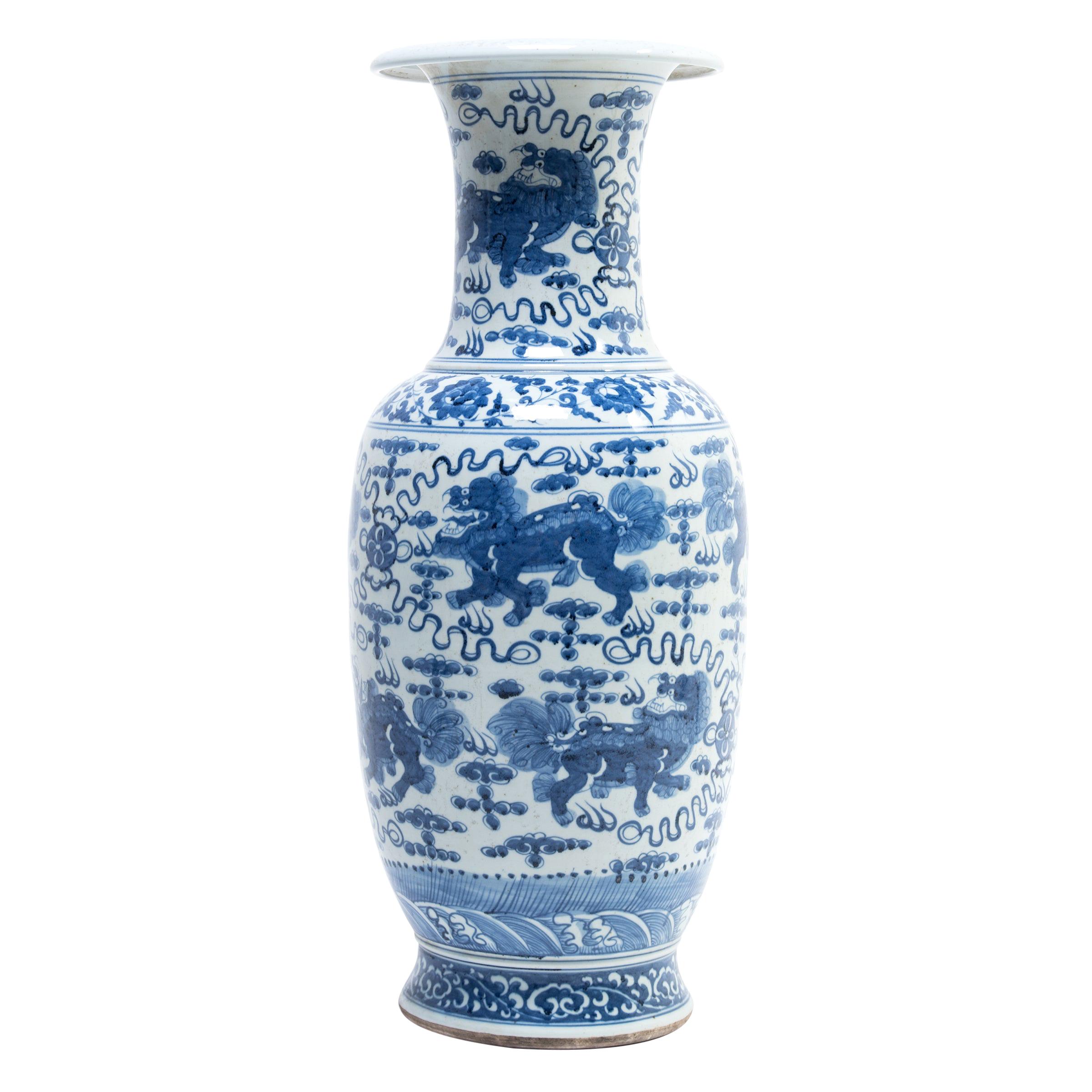 Tall Chinese Blue and White Qilin Fantail Vase For Sale