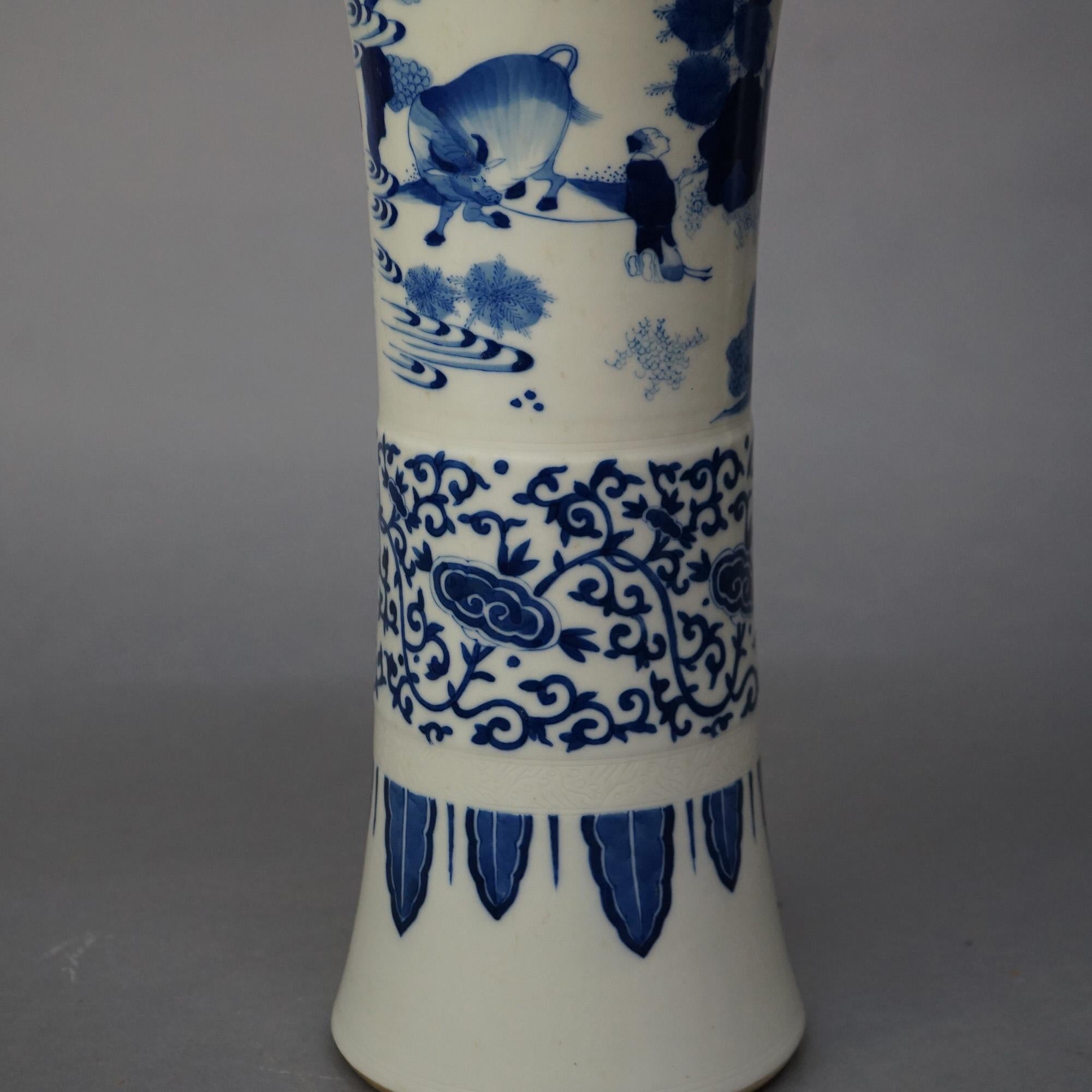 20th Century Tall Chinese Blue & White Figural Porcelain Vase with Village Scene 20thC