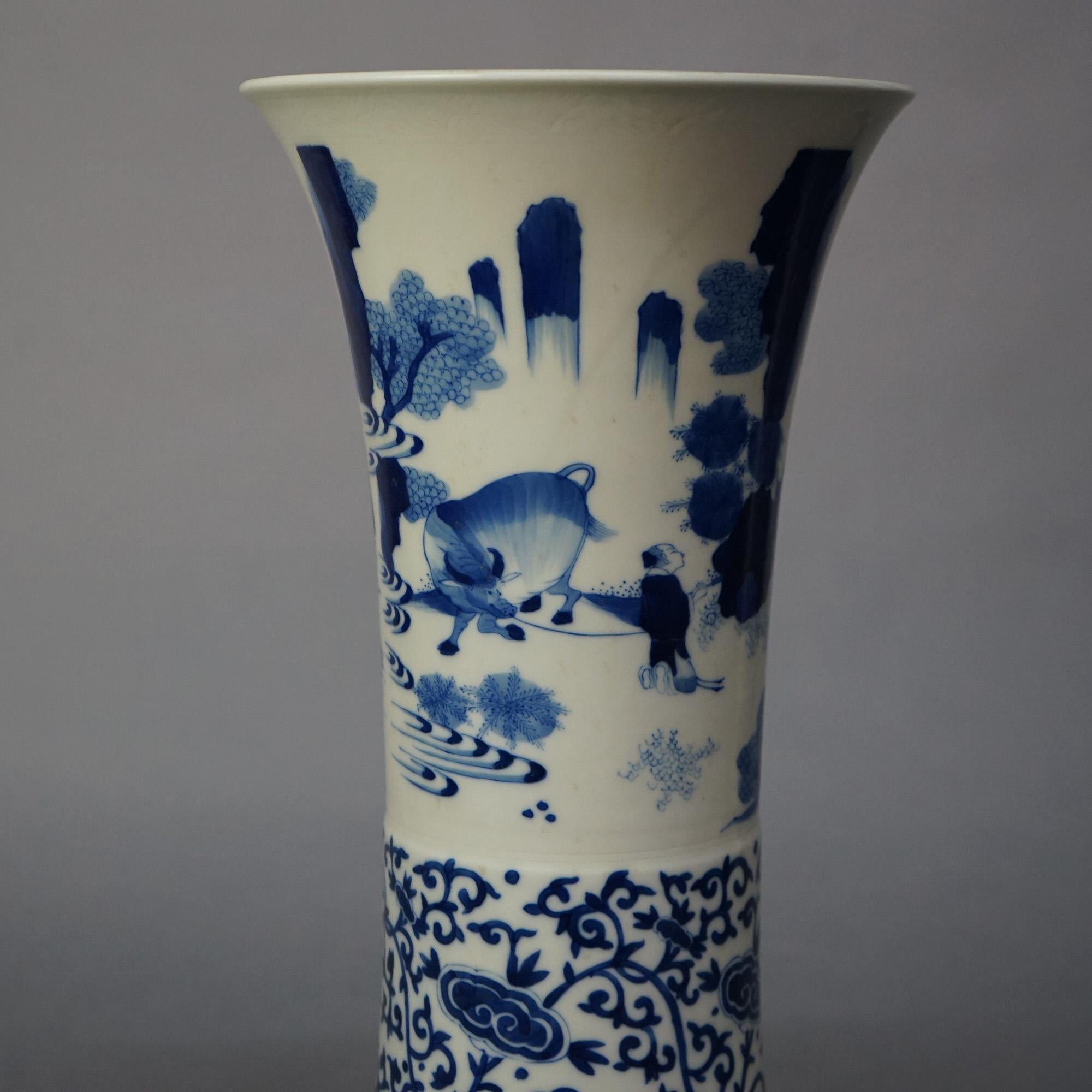 Tall Chinese Blue & White Figural Porcelain Vase with Village Scene 20thC 1