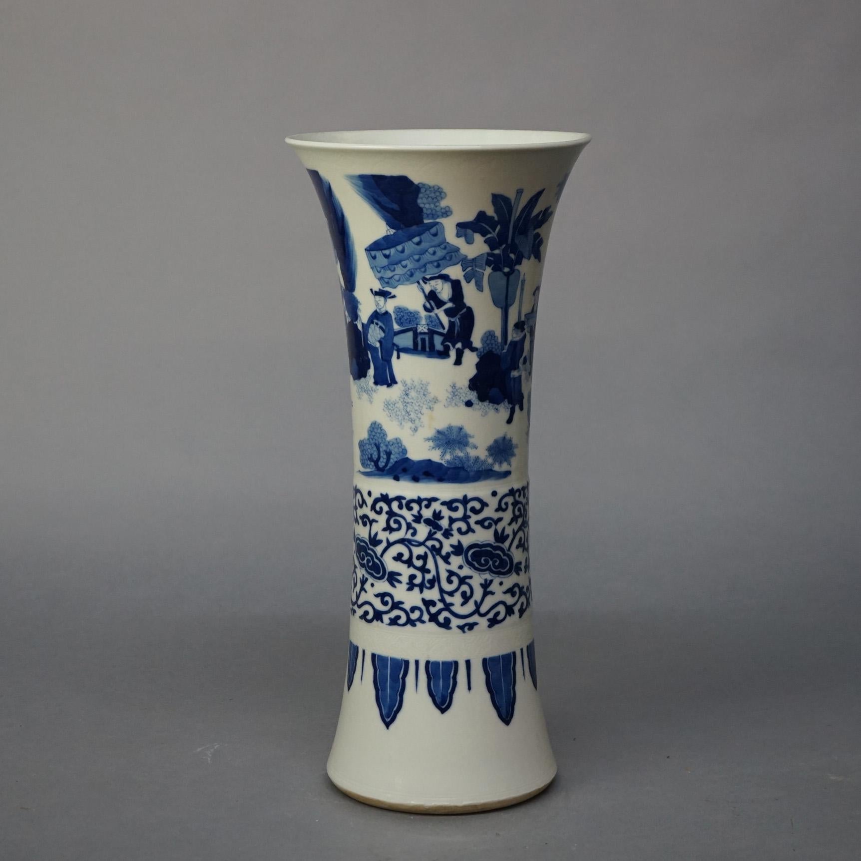 Tall Chinese Blue & White Figural Porcelain Vase with Village Scene 20thC 2