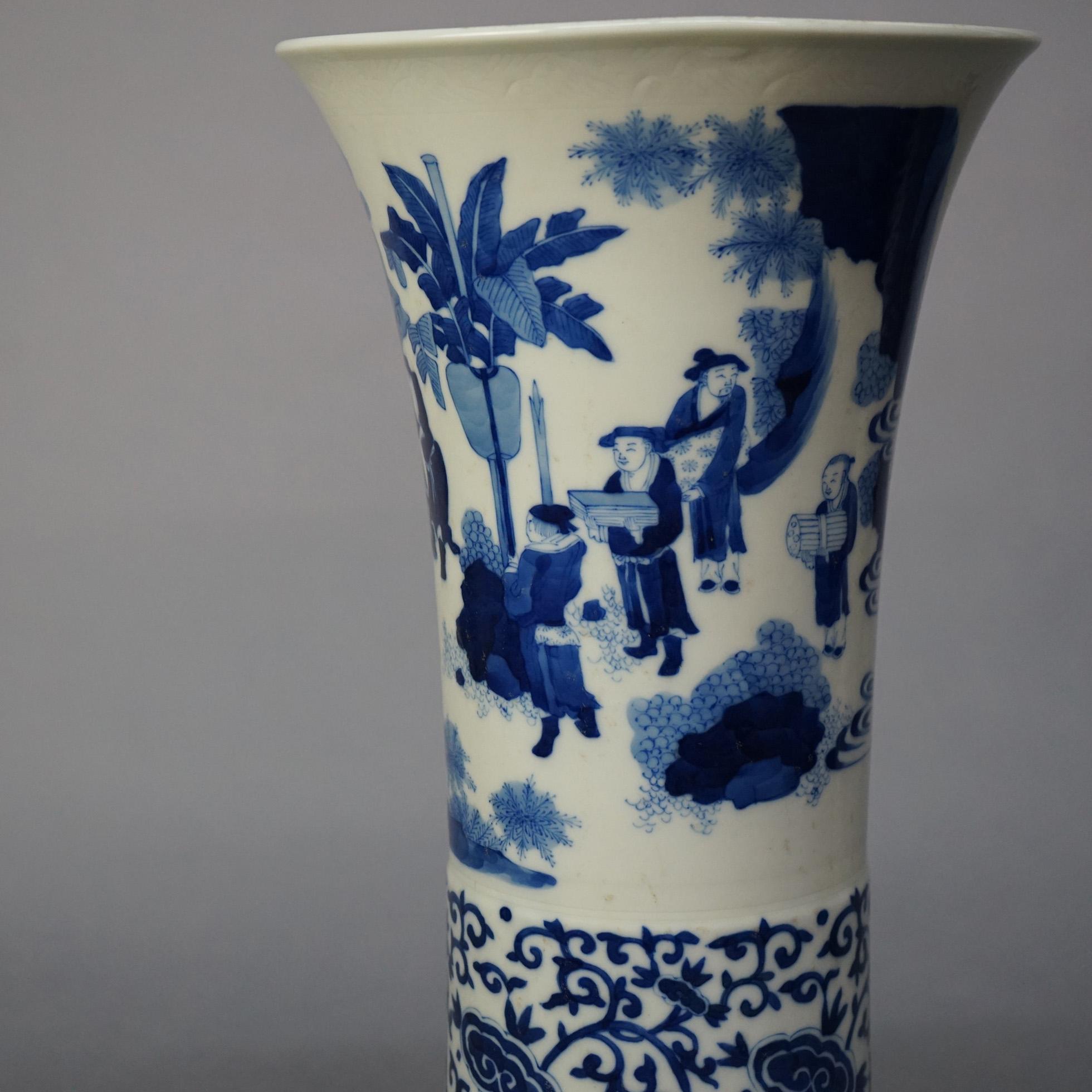 Tall Chinese Blue & White Figural Porcelain Vase with Village Scene 20thC 3