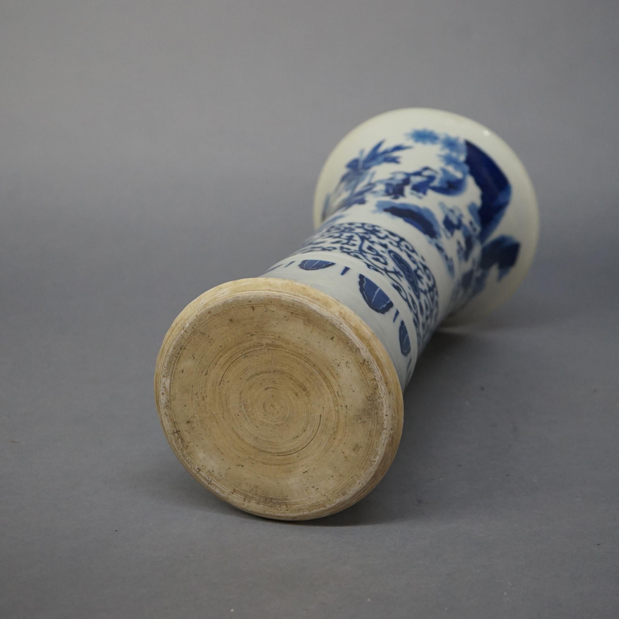 Tall Chinese Blue & White Figural Porcelain Vase with Village Scene 20thC 4