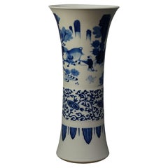 Tall Chinese Blue & White Figural Porcelain Vase with Village Scene 20thC