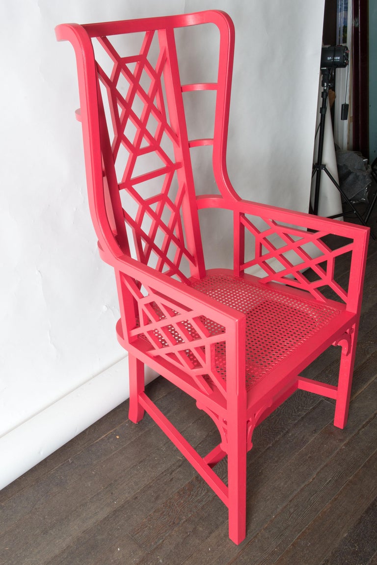 Painted Tall Chinese Chippendale Wingback Arm Chair For Sale