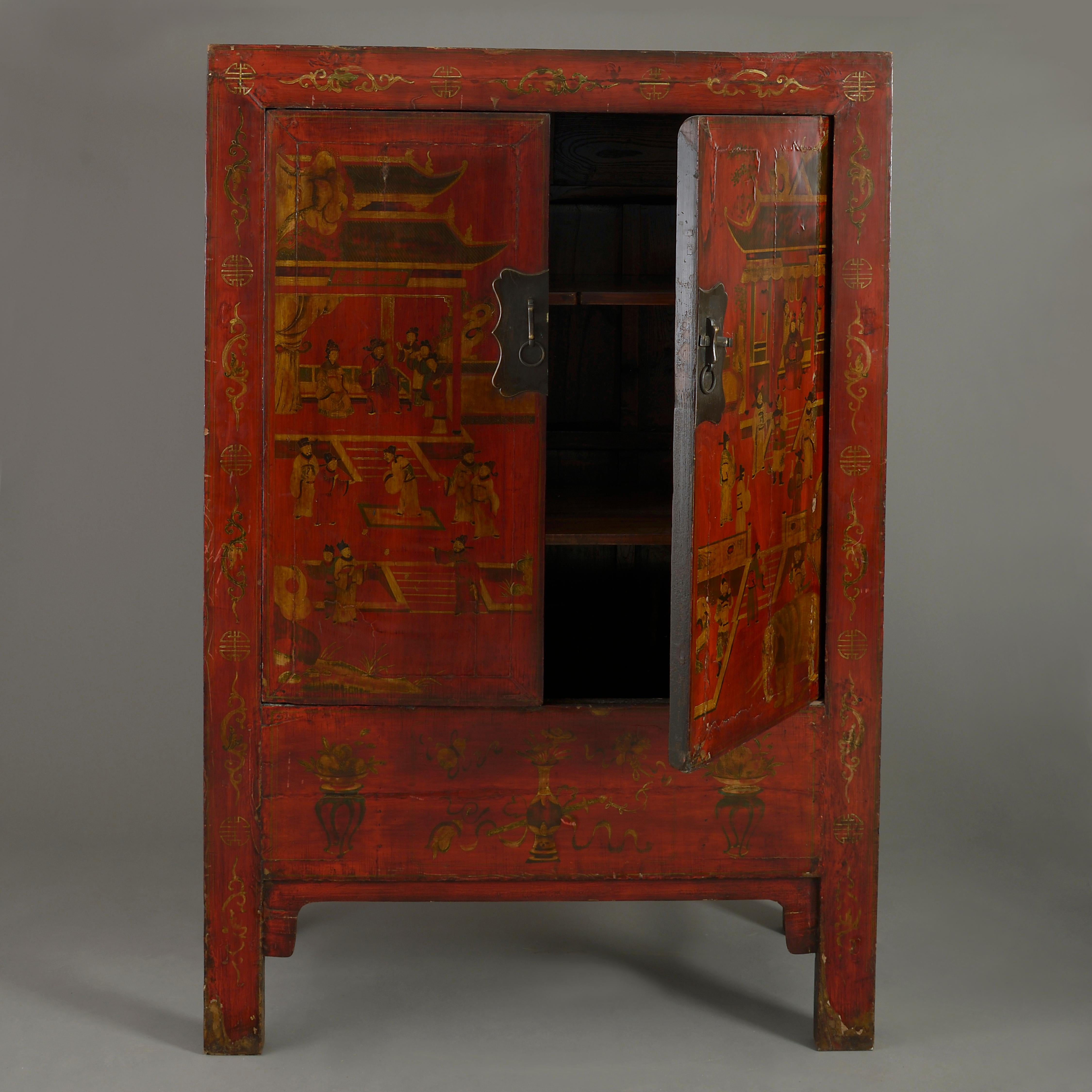 Lacquered Tall Chinese Export Red Lacquer Cabinet