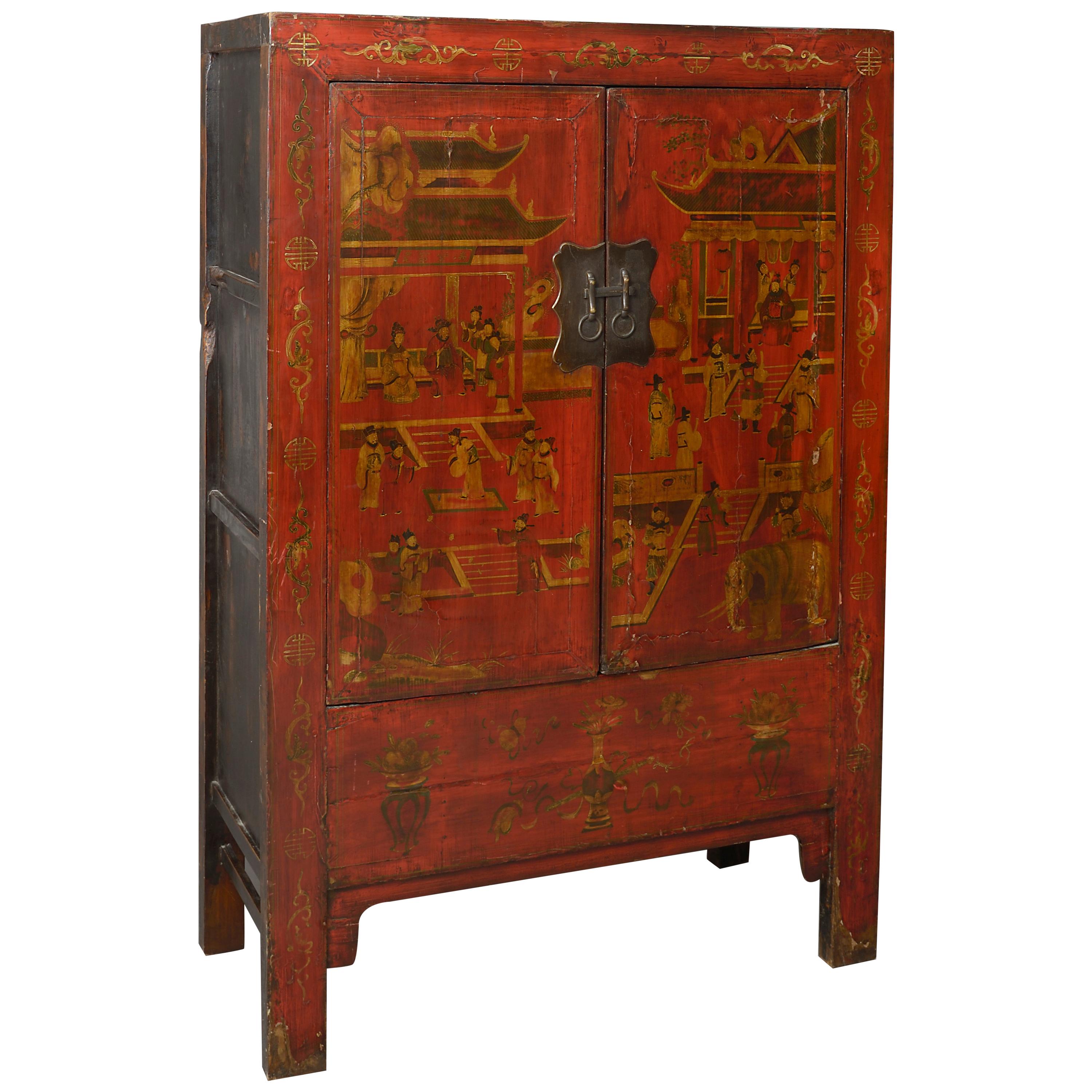 Tall Chinese Export Red Lacquer Cabinet