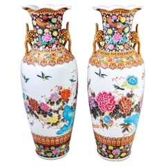 Tall Chinese Famile Noir Porcelain Floor Vases, Pair