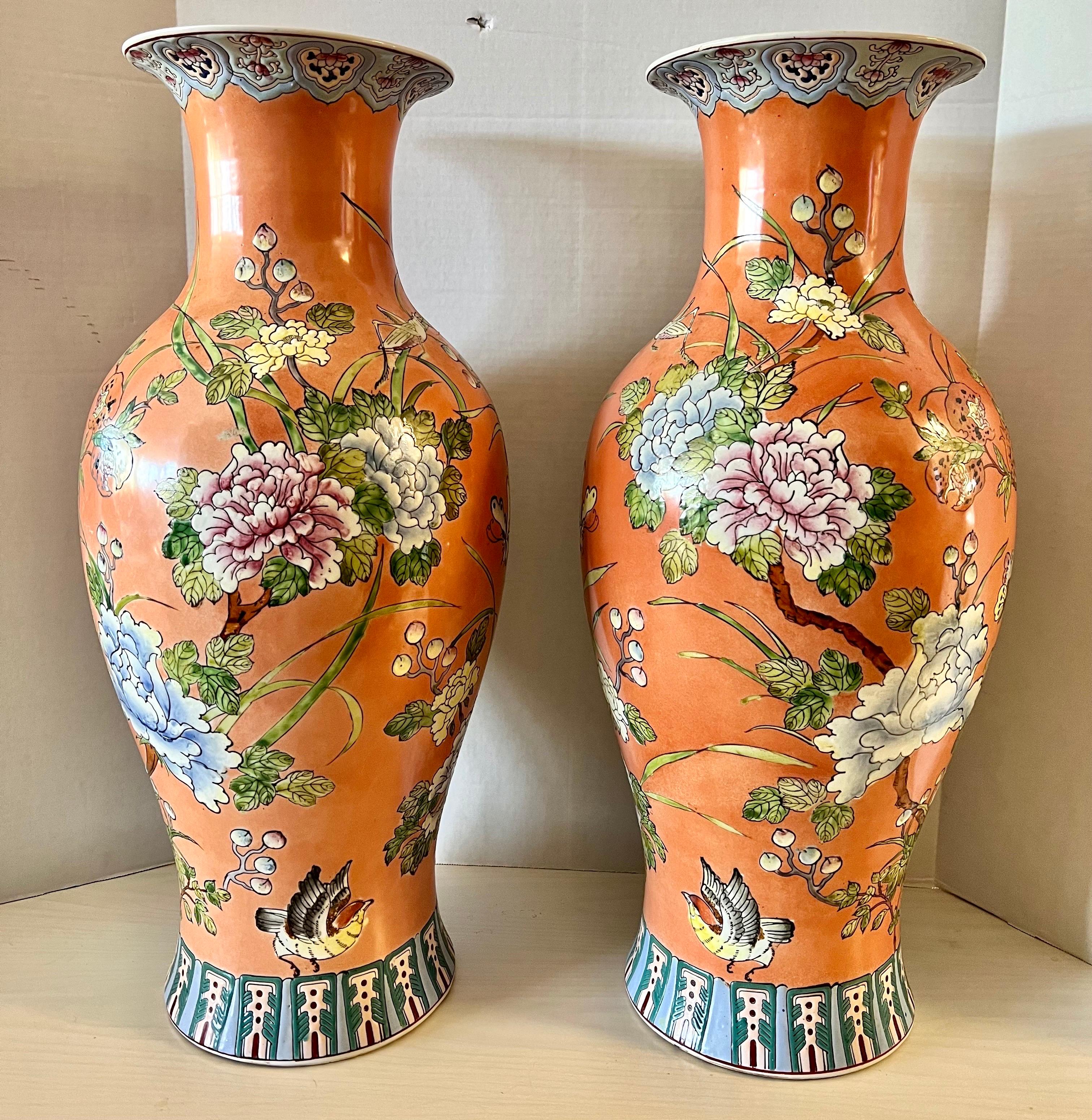 Ceramic Tall Chinese Famille Rose Porcelain Urns Vases, Pair