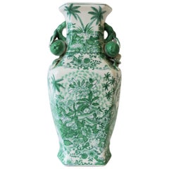 Vintage Tall Chinese Green and White Ceramic Vase