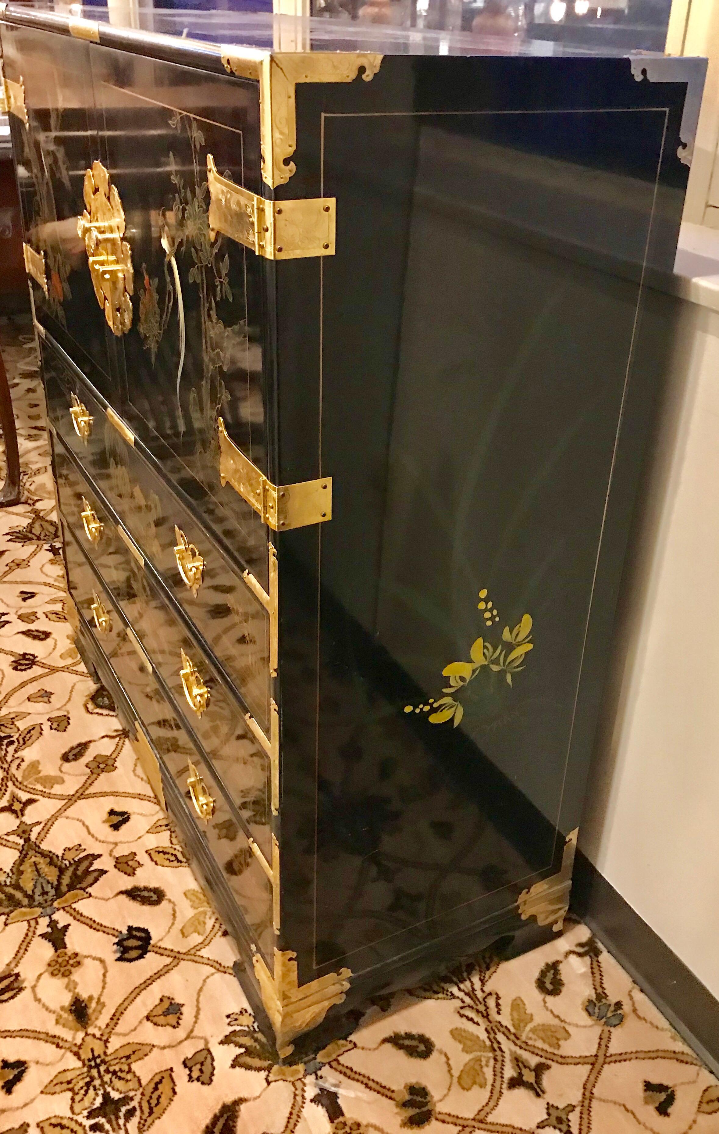 Tall Chinese Black Lacquer Chinoiserie Chest Armoire 1
