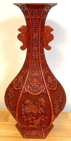 Tall Chinese Late Qing Dynasty Cinnabar Red Lacquer Vase