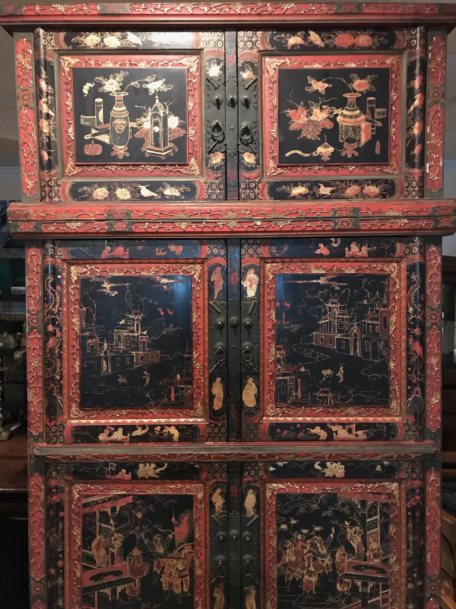 Tall Chinese Painted and Partial Gilt Wedding Chest In Good Condition In Dallas, TX