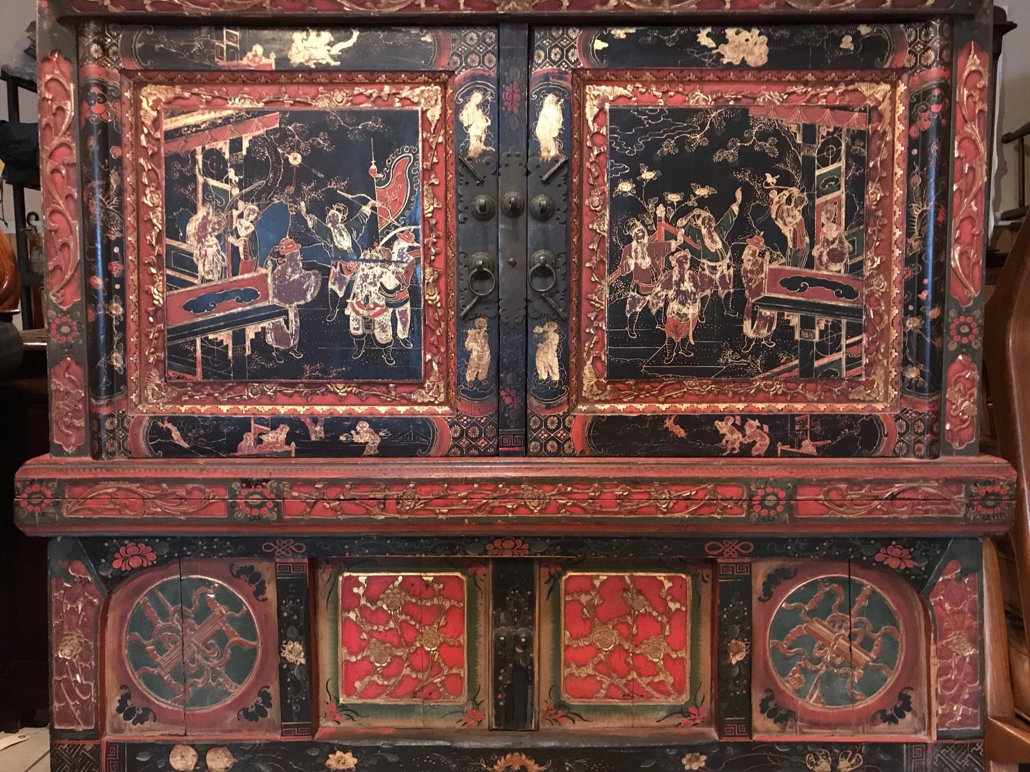 20th Century Tall Chinese Painted and Partial Gilt Wedding Chest