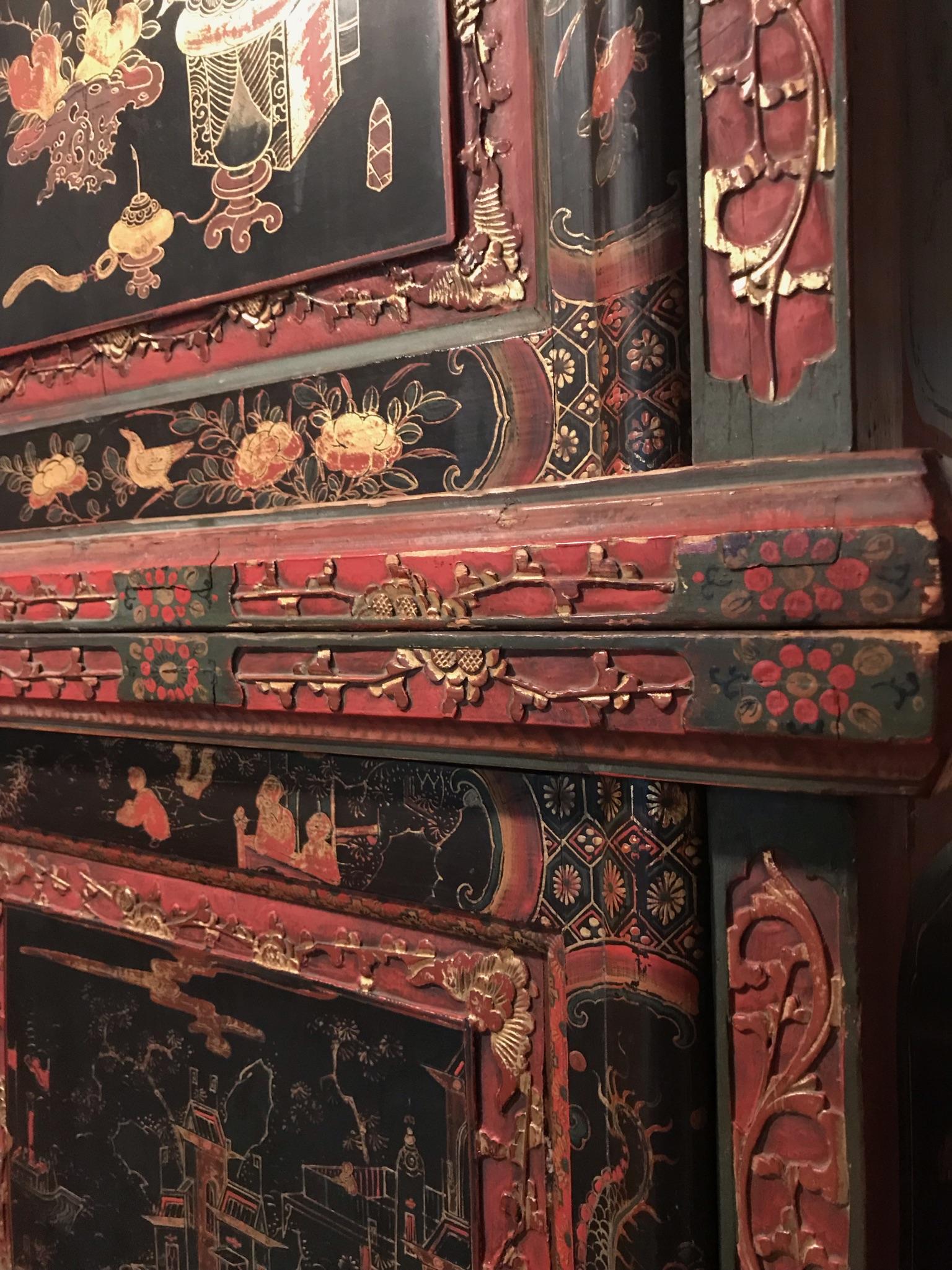 Wood Tall Chinese Painted and Partial Gilt Wedding Chest