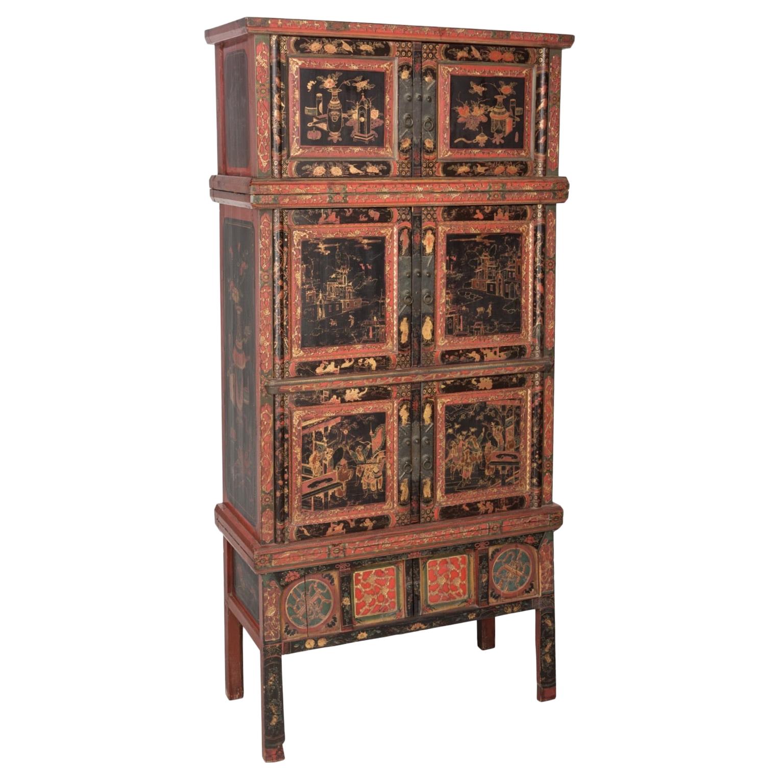 Tall Chinese Painted and Partial Gilt Wedding Chest