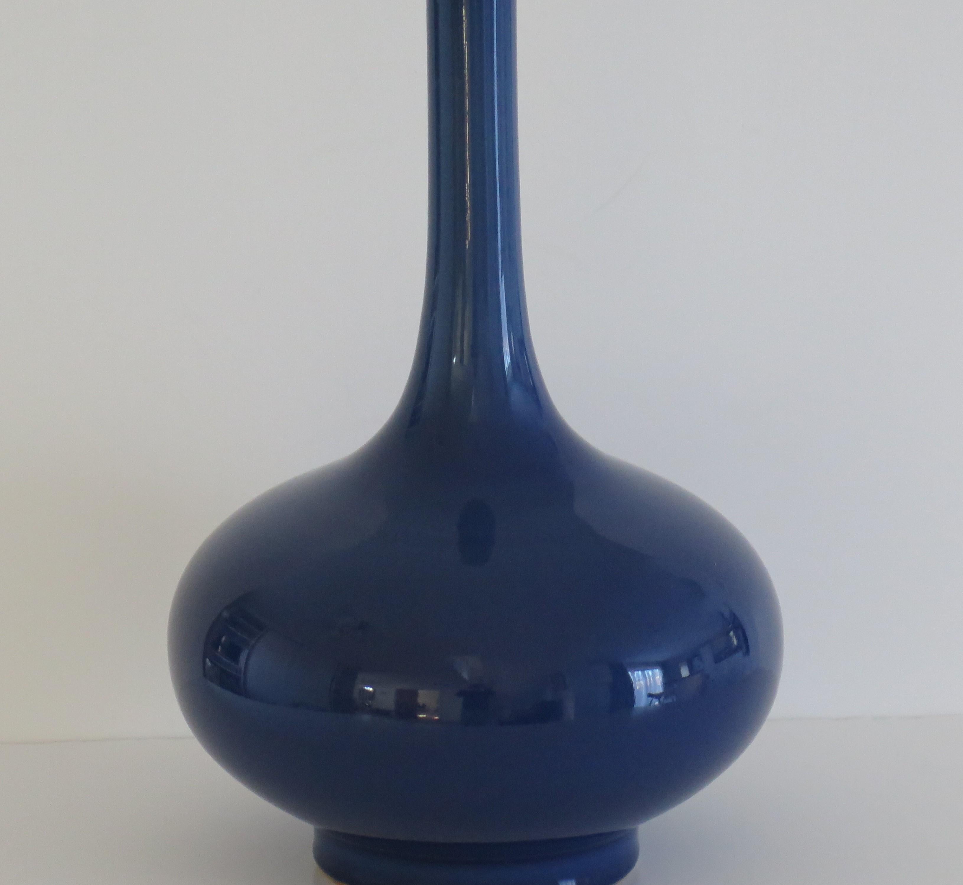 Chinese Export Tall Chinese Porcelain Bottle Vase Sapphire Blue 6 Char Mk, Late 19thC Qing For Sale