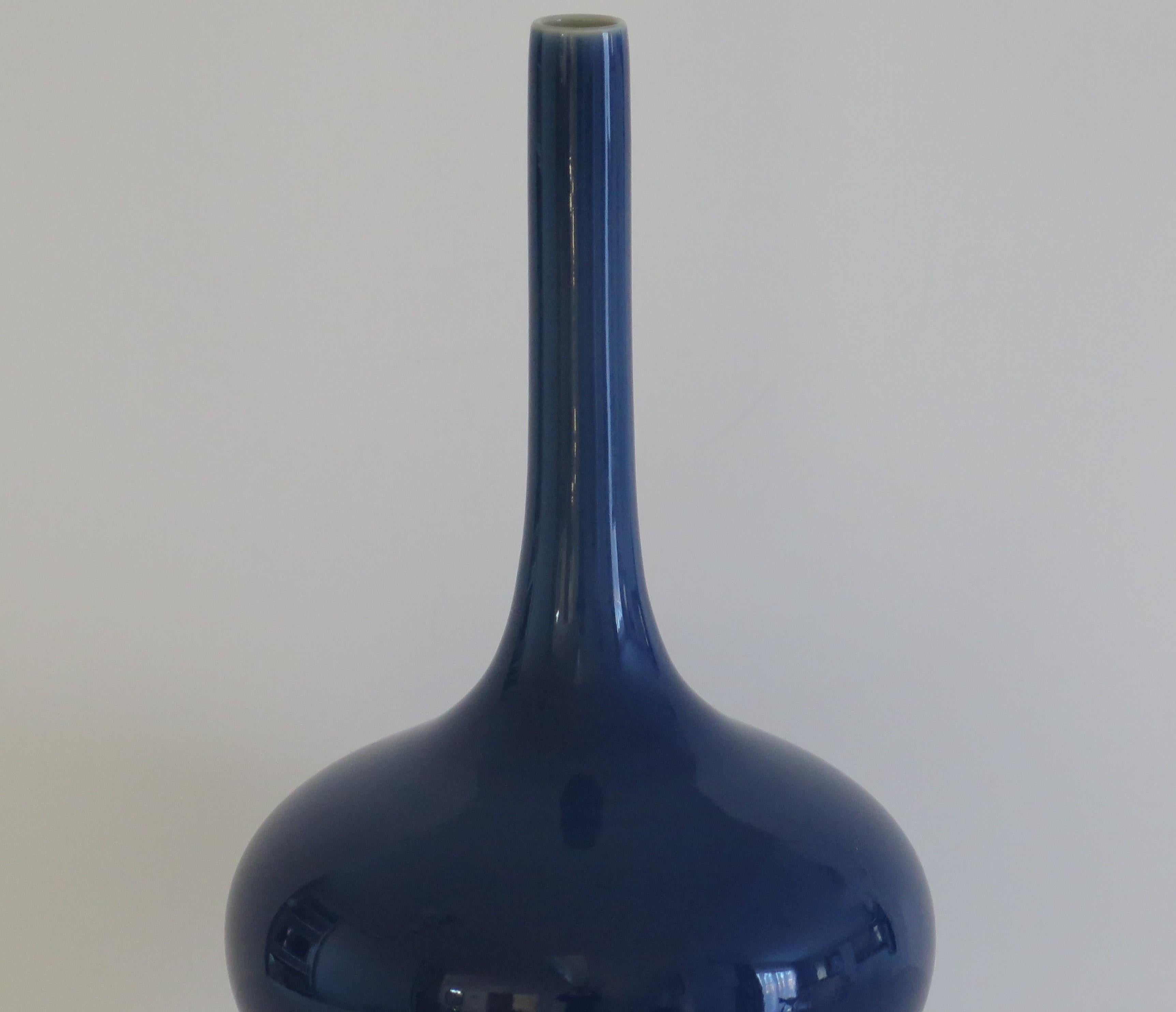 Hand-Painted Tall Chinese Porcelain Bottle Vase Sapphire Blue 6 Char Mk, Late 19thC Qing For Sale
