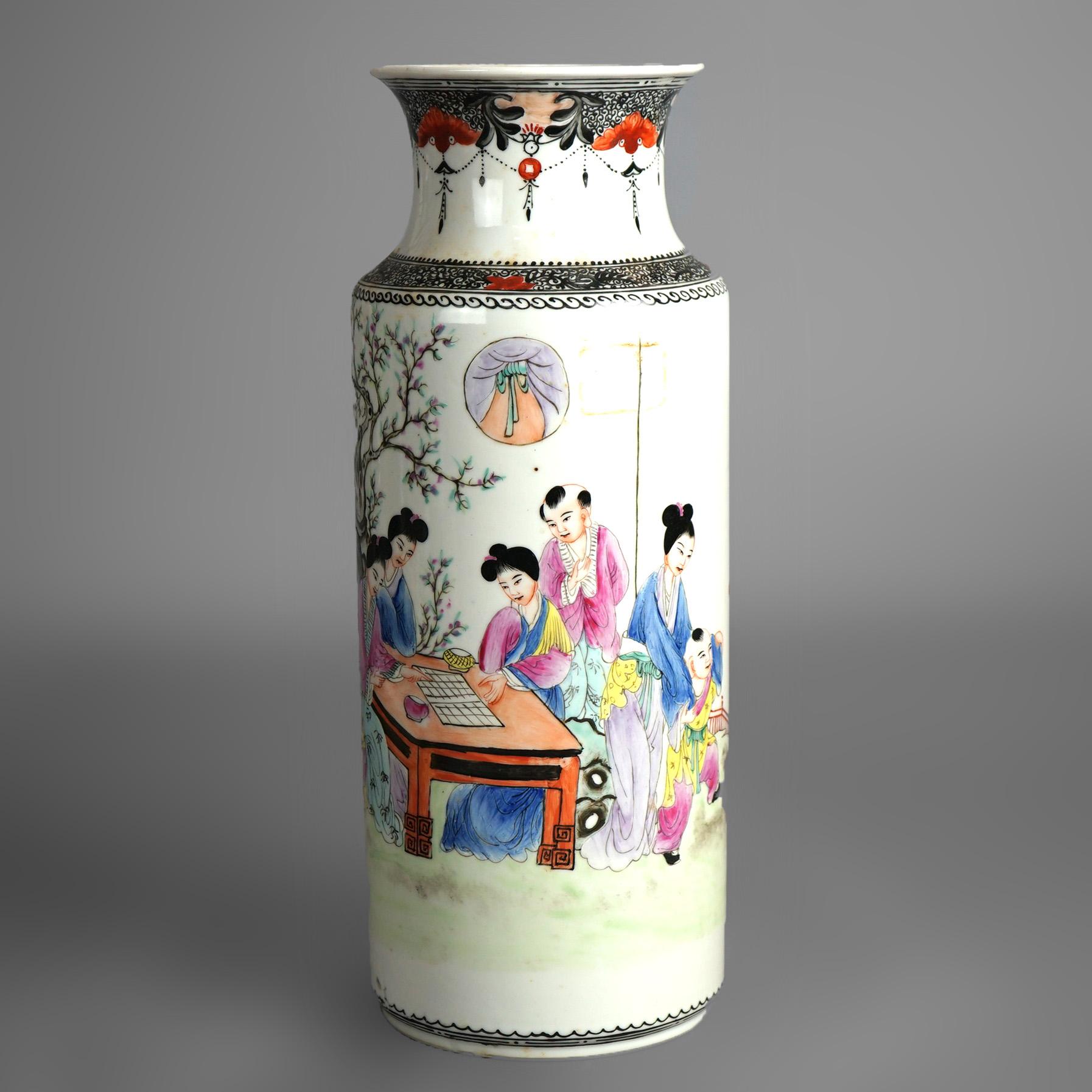 Tall Chinese Porcelain Flower Vase with Garden Genre Scene, Signed & Marked as Photographed, 20thC

Measures- 13''H x 4.75''W x 4.75''D