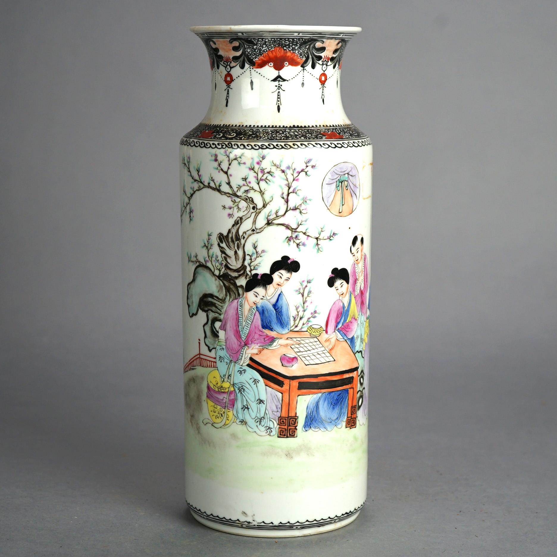 Tall Chinese Porcelain Vase with Garden Genre Scene 20thC In Good Condition For Sale In Big Flats, NY