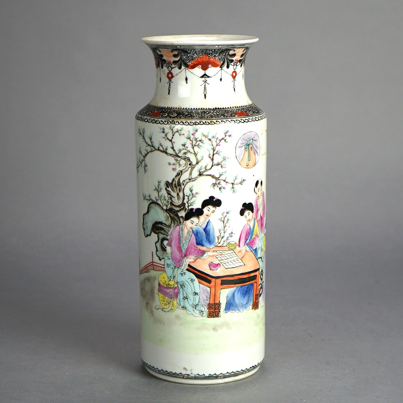 20th Century Tall Chinese Porcelain Vase with Garden Genre Scene 20thC For Sale