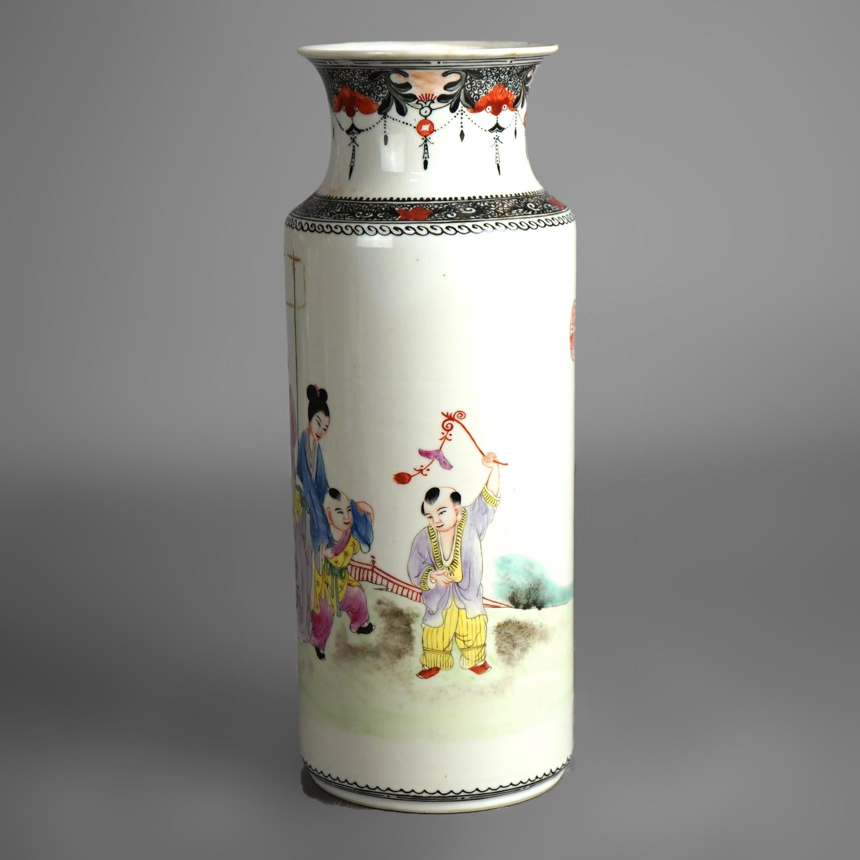 Tall Chinese Porcelain Vase with Garden Genre Scene 20thC For Sale 1