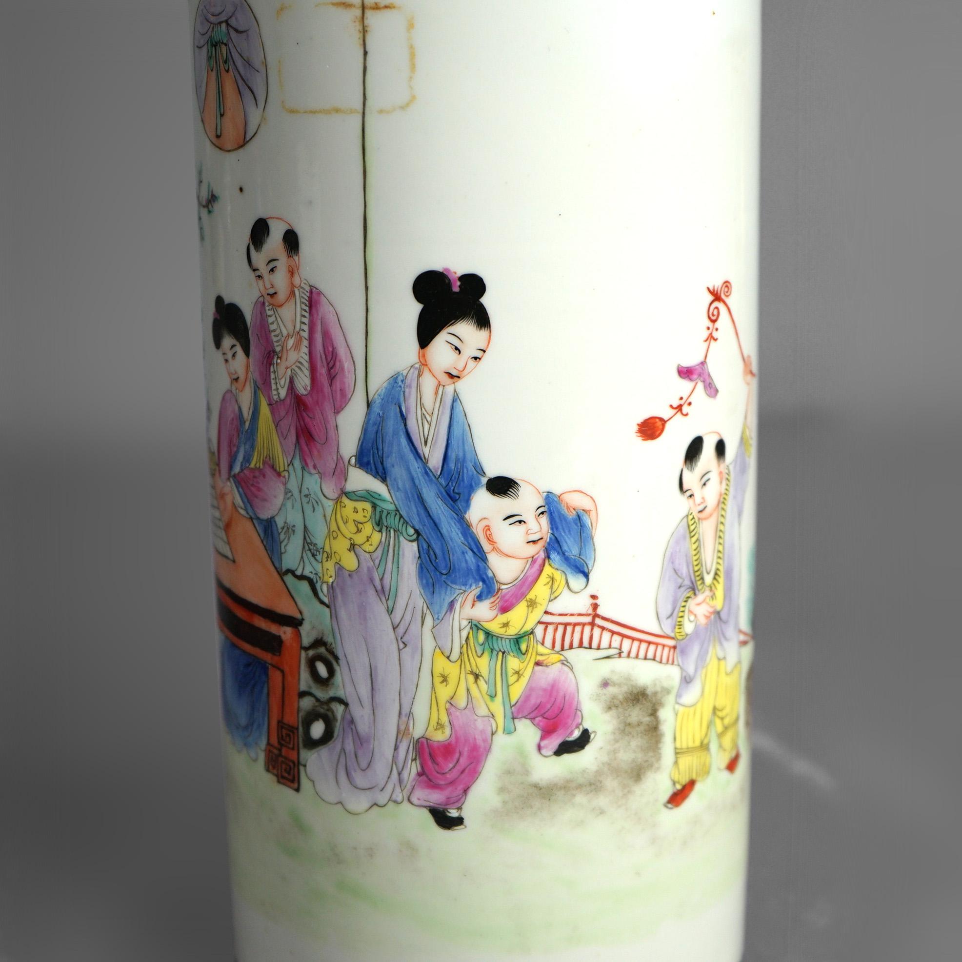 Tall Chinese Porcelain Vase with Garden Genre Scene 20thC For Sale 3