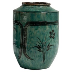 Tall Chinese Stoneware Vase, Deep Forest Green Glaze, 20th Century