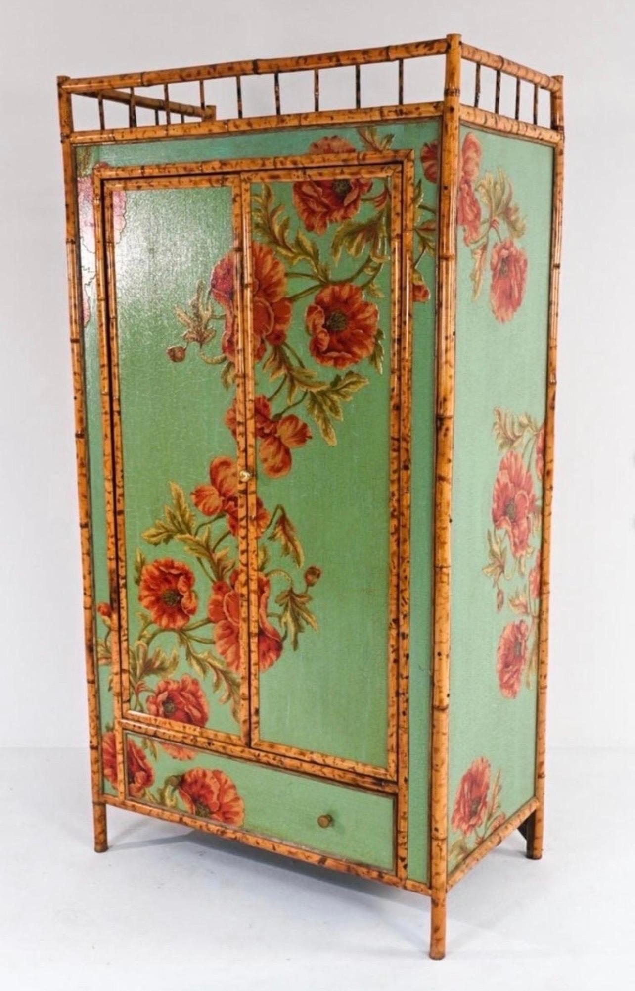 20th Century Tall Chinoiserie Bamboo and Decoupage Cabinet Armoire Wardrobe Linen Press