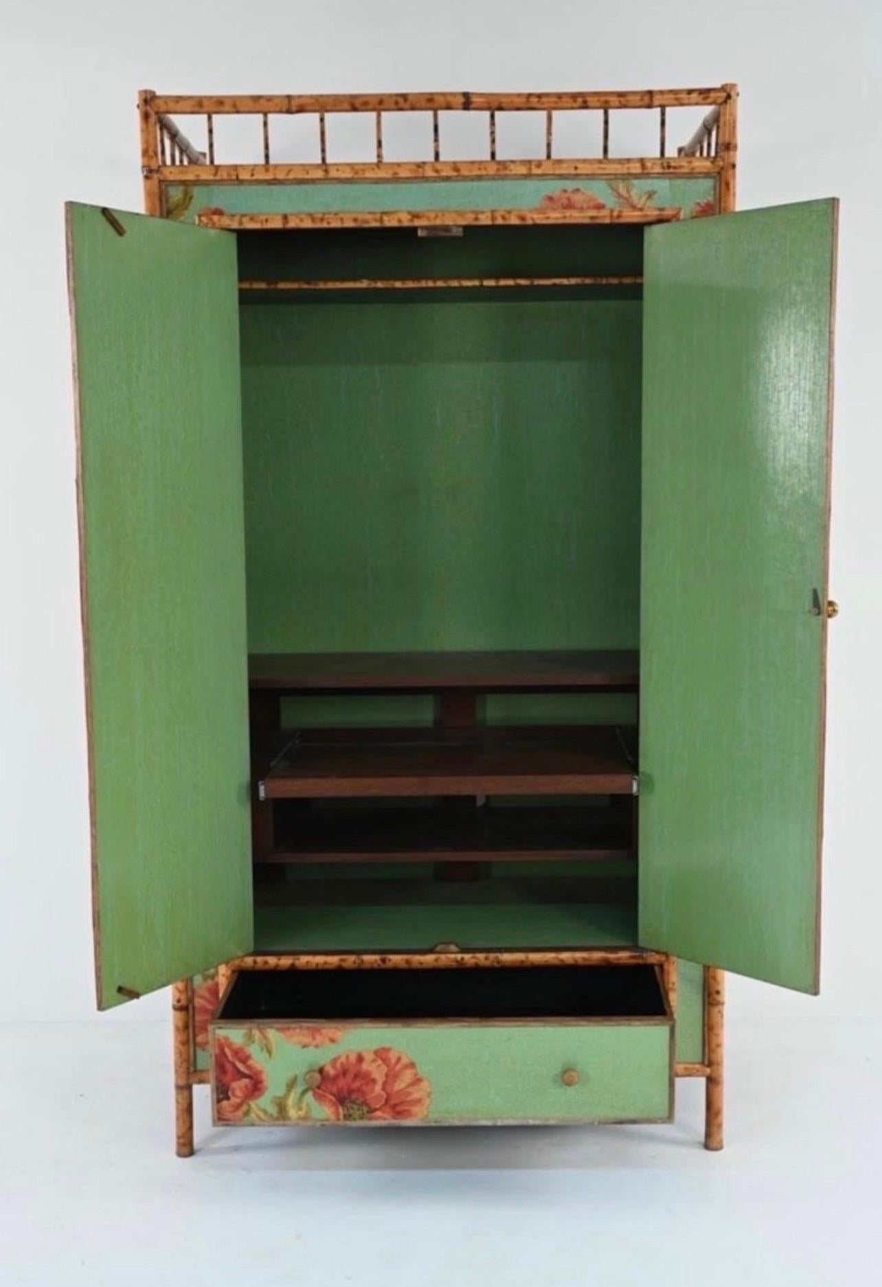 Tall Chinoiserie Bamboo and Decoupage Cabinet Armoire Wardrobe Linen Press 3