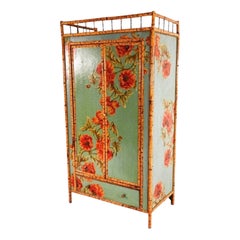 Vintage Tall Chinoiserie Bamboo and Decoupage Cabinet Armoire Wardrobe Linen Press