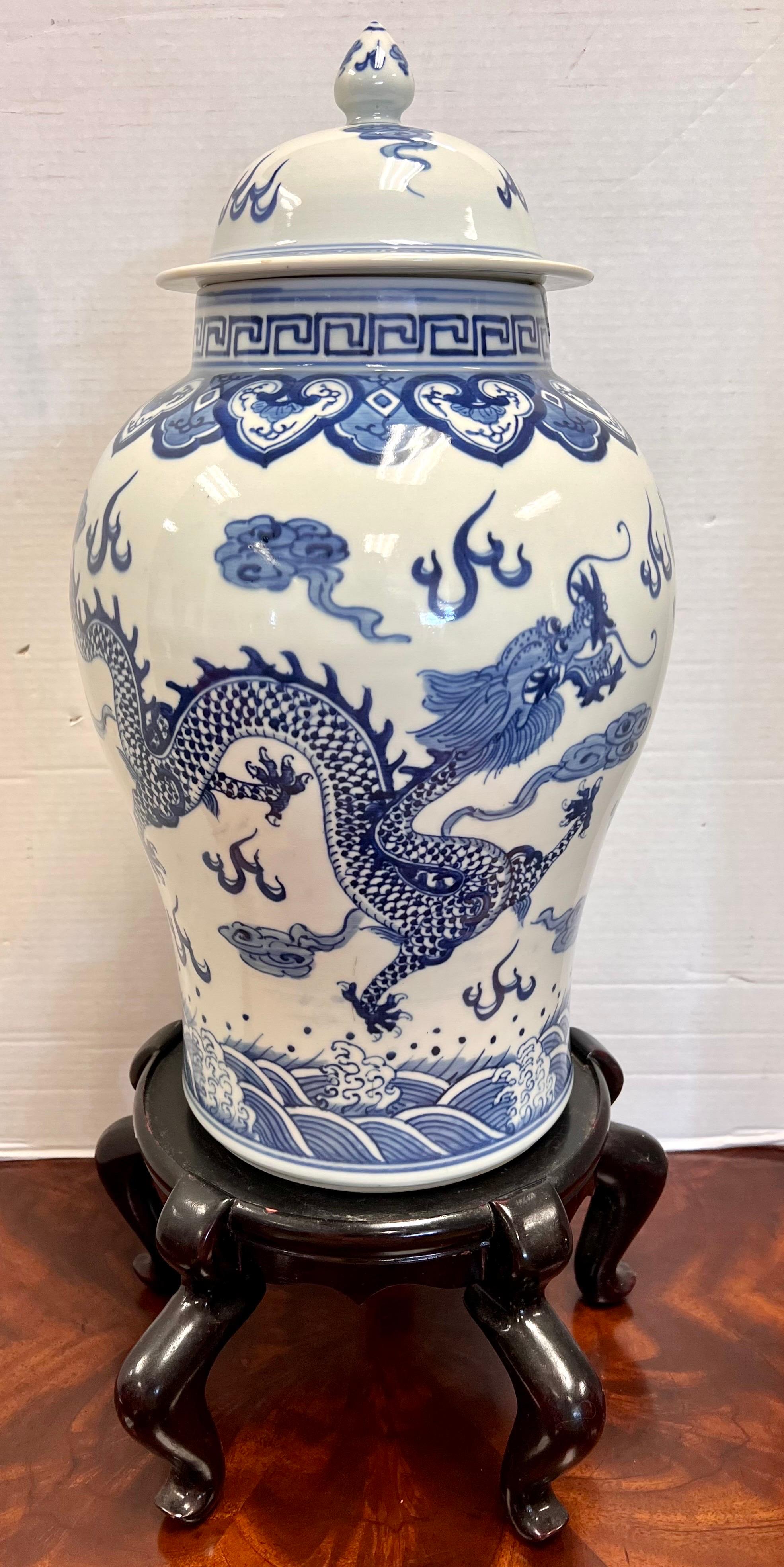 Tall Chinoiserie Blue and White Dragon Ginger Jar Urn For Sale 1