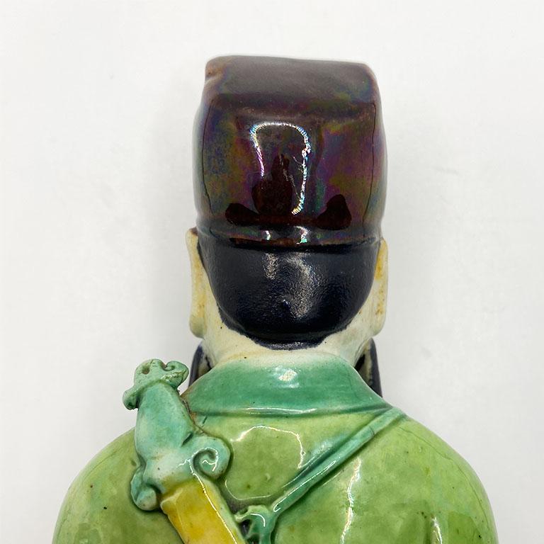 Chinese Tall Chinoiserie Ceramic Figurine of a Man in Emerald Green For Sale