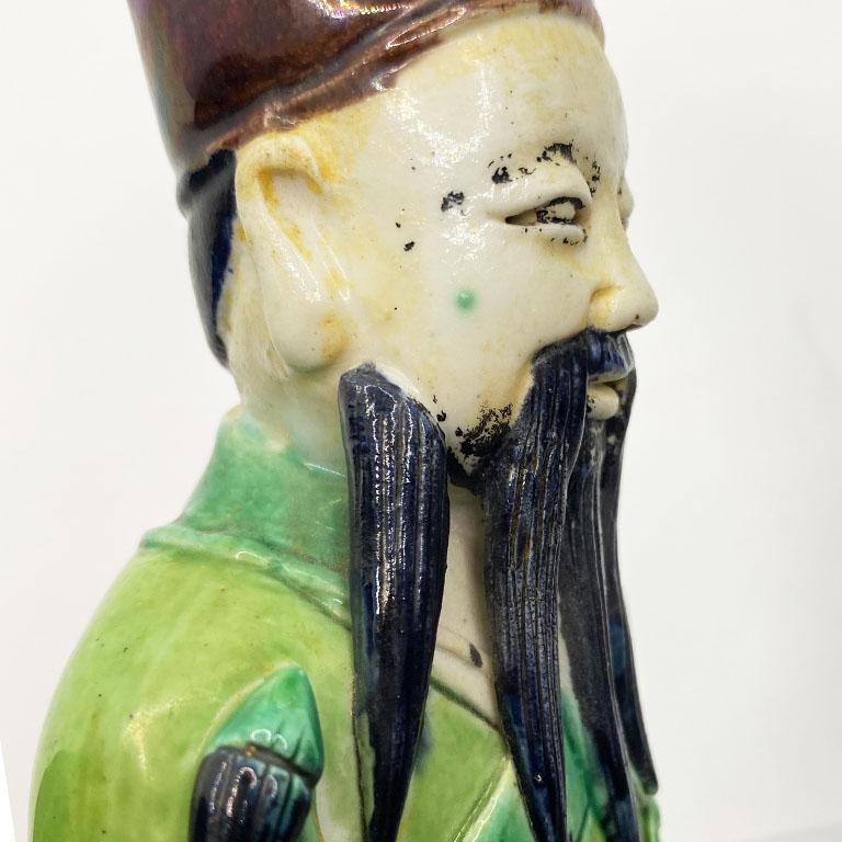 Glazed Tall Chinoiserie Ceramic Figurine of a Man in Emerald Green For Sale