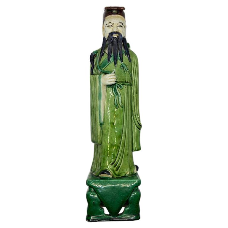 Tall Chinoiserie Ceramic Figurine of a Man in Emerald Green For Sale