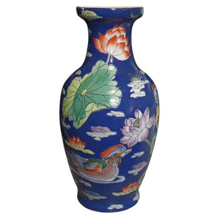 Chinese Tall Chinoiserie Cobalt Blue Ceramic Vase with Floral and Bird Motif For Sale