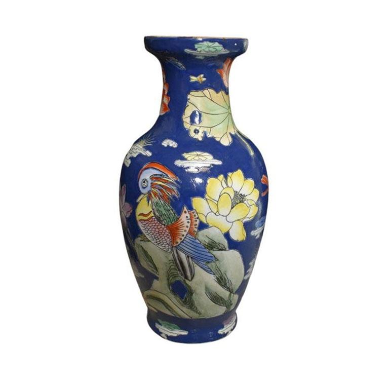 Tall Chinoiserie Cobalt Blue Ceramic Vase with Floral and Bird Motif In Good Condition For Sale In Oklahoma City, OK