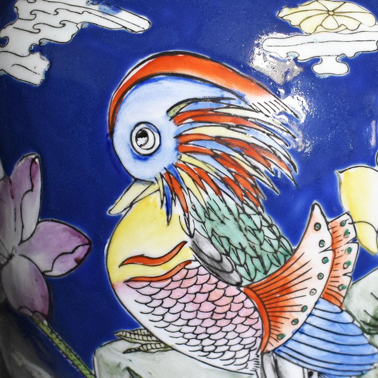20th Century Tall Chinoiserie Cobalt Blue Ceramic Vase with Floral and Bird Motif For Sale