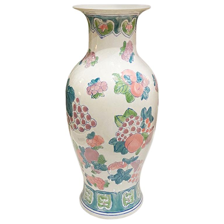 Tall Chinoiserie Famille Rose, Blue Pink and Green Ceramic Vase