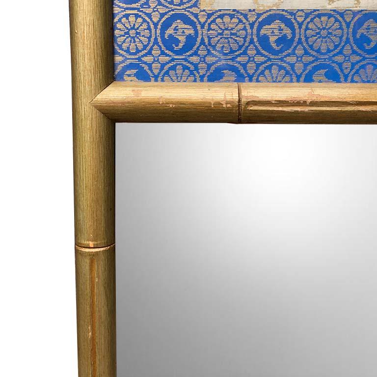 Tall Chinoiserie Faux Bamboo Gilt Mirror with Bird Print in Blue and Gold For Sale at 1stDibs