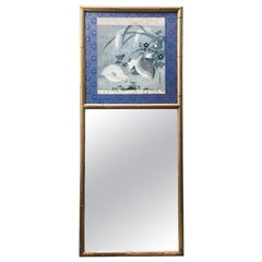 Tall Chinoiserie Faux Bamboo Gilt Mirror with Bird Print in Blue and Gold