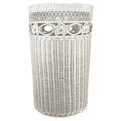Tall Circular White Wicker Basket with Woven Floral Pattern