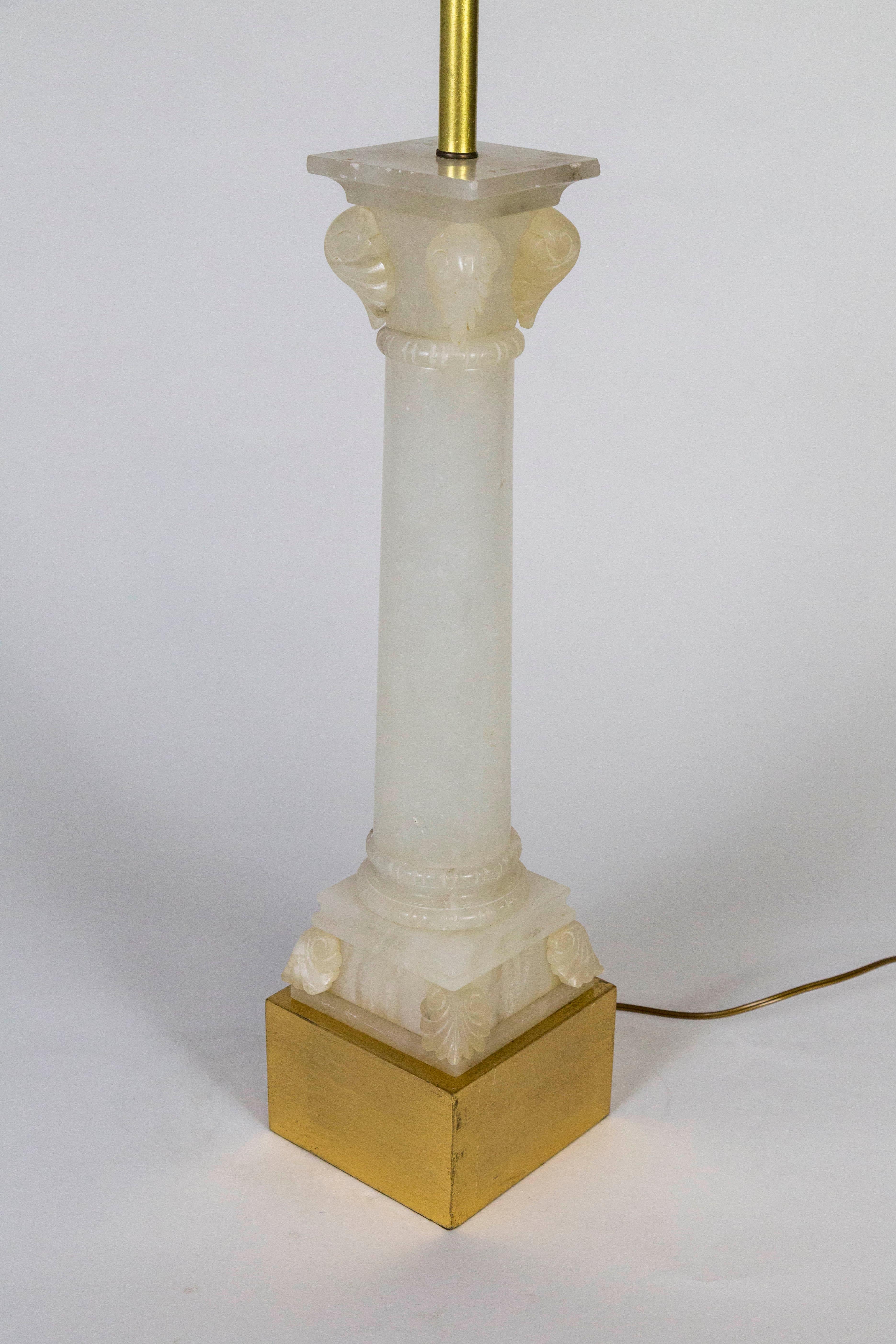 Classical Roman Tall Classical Alabaster Column Lamp w/ Gilded Base For Sale