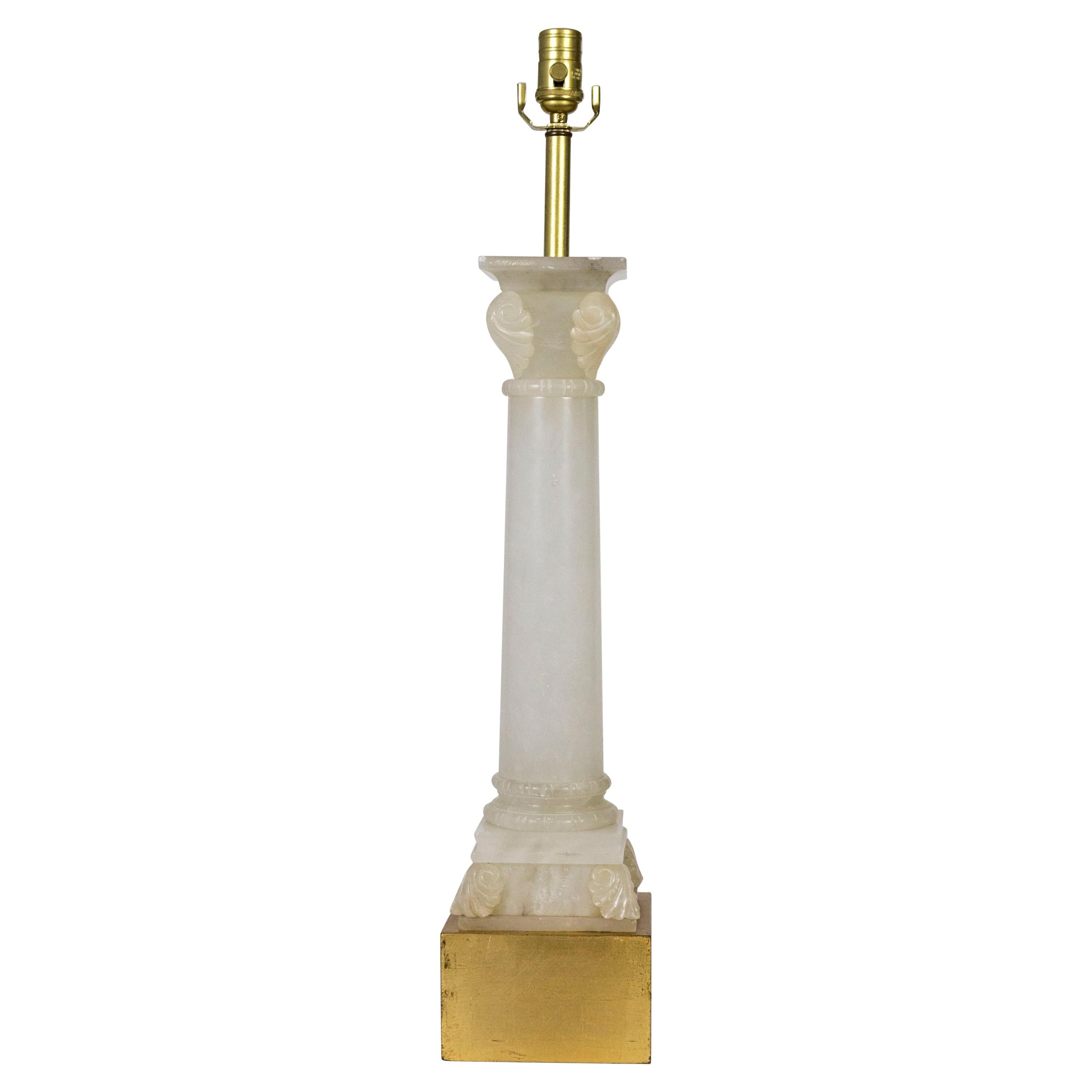 Tall Classical Alabaster Column Lamp w/ Gilded Base For Sale