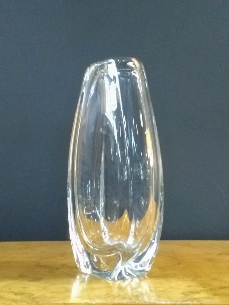 Tall, Clear Glass Leaded Crystal Vase in the Style of Orrefors Sweden