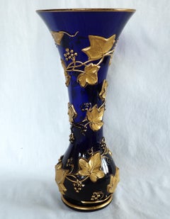 Tall cobalt blue Baccarat crystal vase, gilt ivy pattern, 19th century
