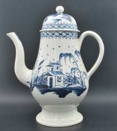 Tall coffee pot in pearlware, House & Fence decoration. C1790