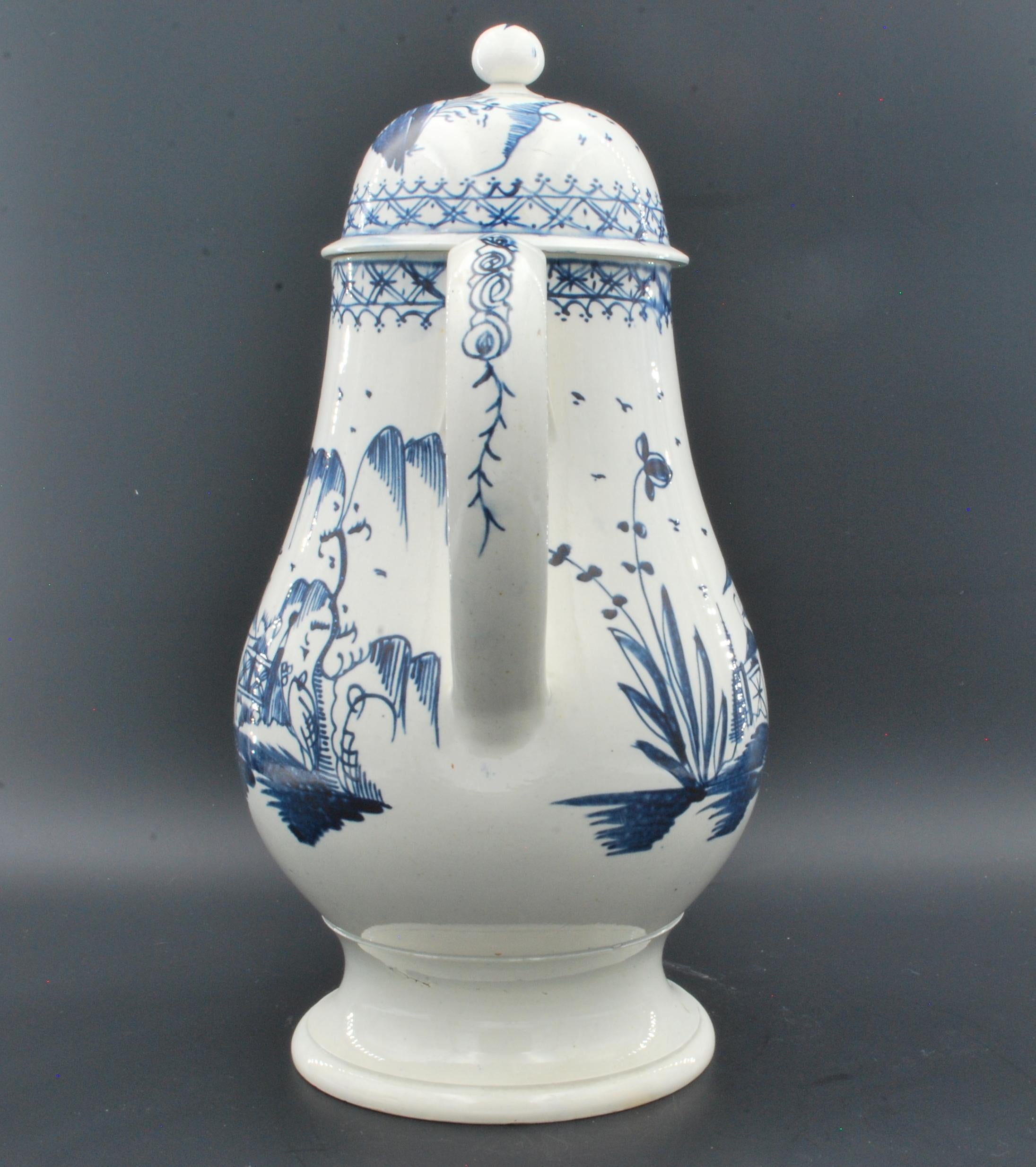 English Tall coffee pot in pearlware, House & Fence decoration. C1790 For Sale
