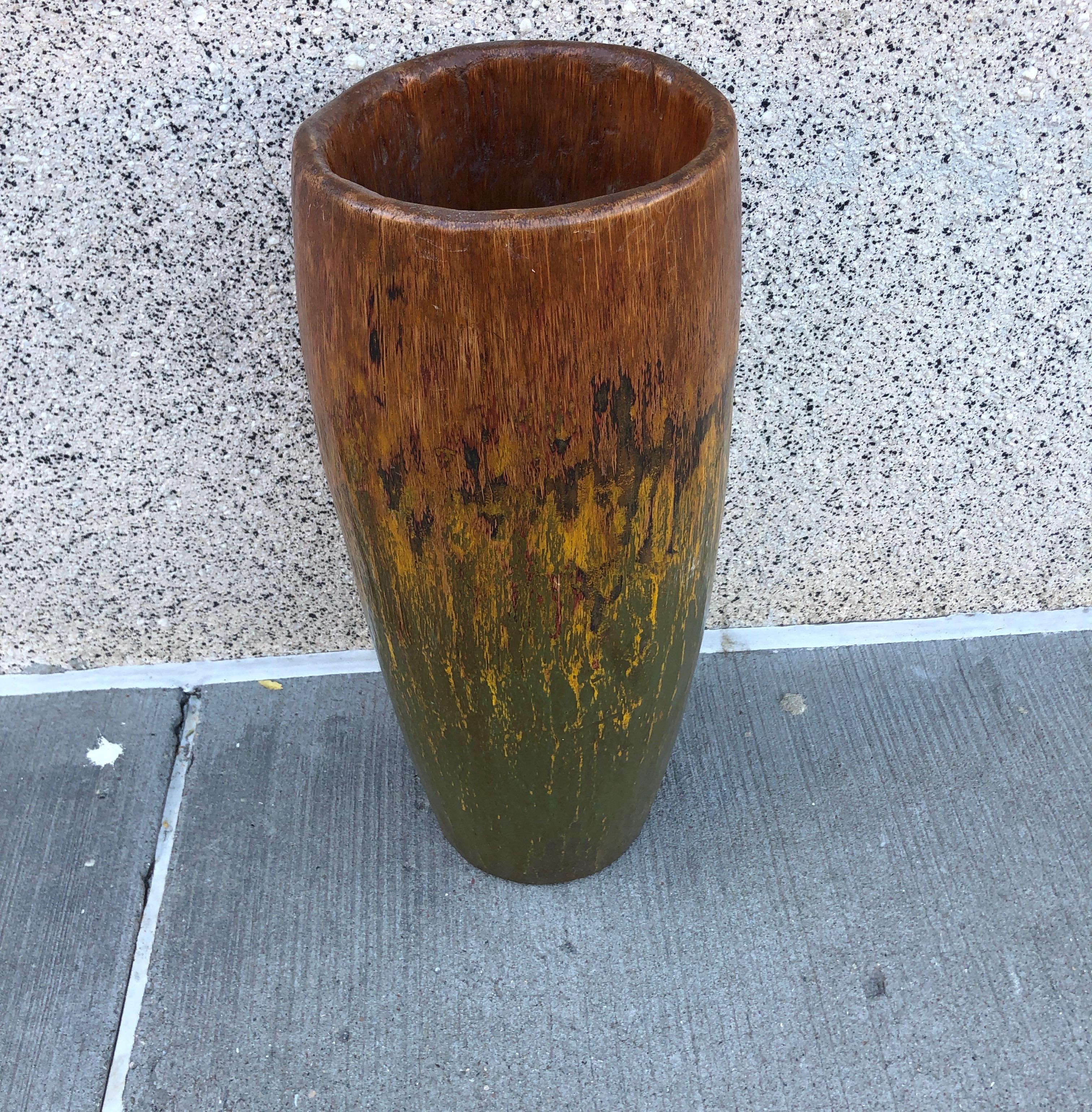 Indonesian Tall, Colorful Teak Drum Vase from Java