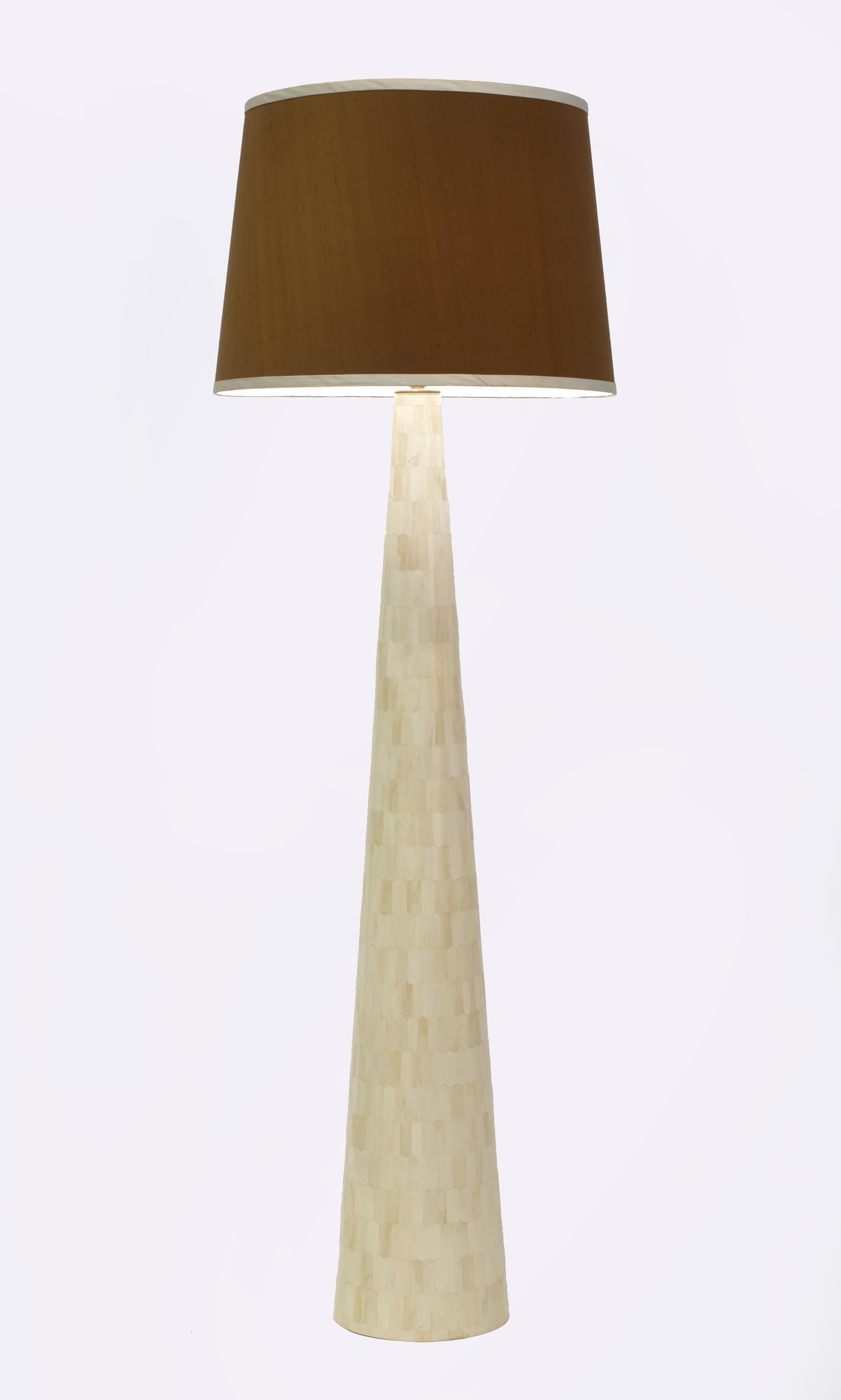 Hand-Carved Tall Conical Floor Lamp In Bone Marquetry, Nima